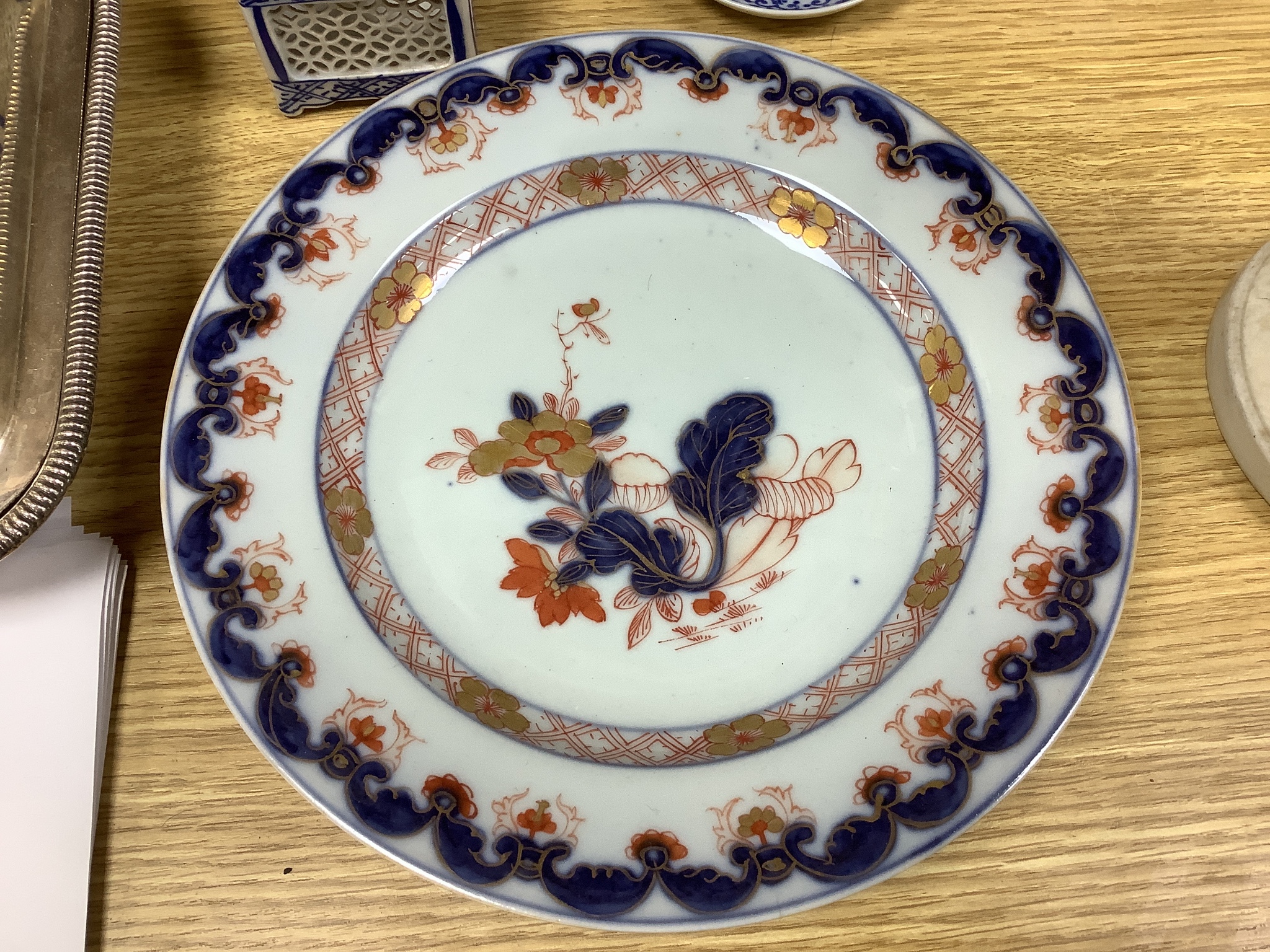 A group of mixed Chinese ceramics including a and 18th century famille rose teapot and four Samson Imari dishes, diameter 23cm